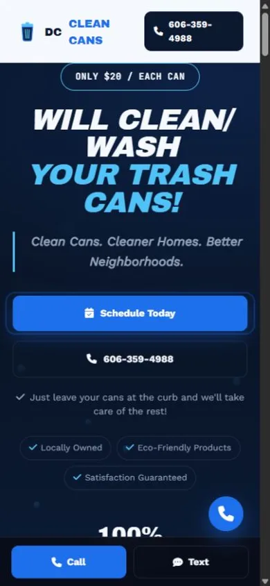 DC Clean Cans website on mobile
